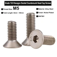 302010pcs m5 grade 10 9 alloy steel nickel plated hexagon socket countersunk head cap screws din7991 total length 8mm40mm