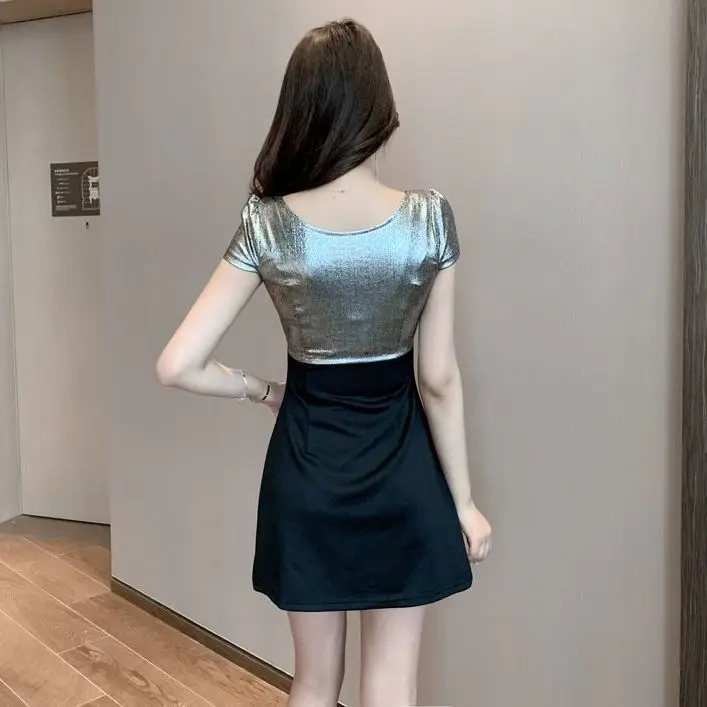 

New style temperament foot bar zipper slim A-line skirt Summer Low Cut V-neck dress