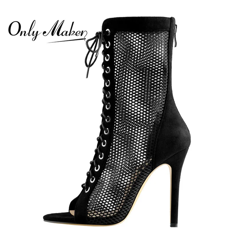 

Onlymaker/женские черные сетчатые сандалии до середины икры с открытым носком на шнуровке, с вырезами, с открытым носком, на молнии сзади, на шпил...