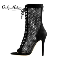 onlymaker womens peep toe black mesh lace up cut out open toe sexy mid calf back zipper stiletto heel sandals