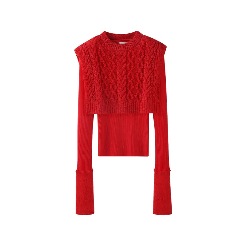 

Новинка 2021 нишевый модный вязаный свитер с имитацией двух частей с узором из конопли для женщин, съемный пуловер из двух частей для ранней о...