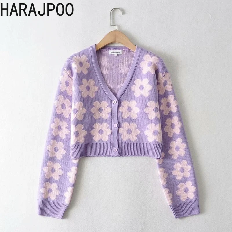 

Harajpoo Women Cardigans 2020 Autumn New Korean Style Sweet Purple Clothing Flower Knitted Sweater Girl Casual Cropped Tops