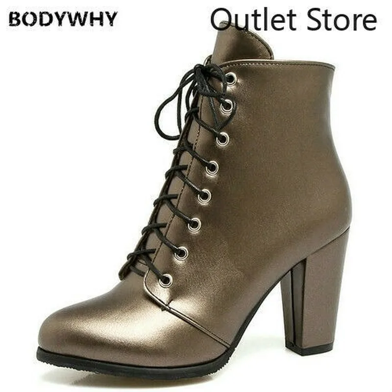 

Женские ботильоны из искусственной кожи на высоком квадратном каблуке, серебристые ботинки на шнуровке с острым носком, размер