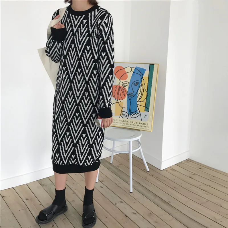Осенне зимнее длинное платье свитер средней длины женское повседневное
