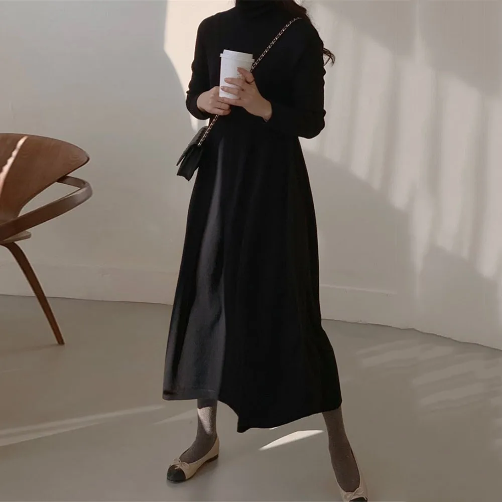 

2021 Autumn New Solid Color Knitted Dress Fashion Japanese Long Sleeves Turtleneck Temperament Loose Women's Long Dress