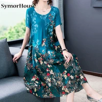2021 blue floral chiffon vintage midi dresses elegant female 4xl plus size print sundress summer party bodycon runway vestidos