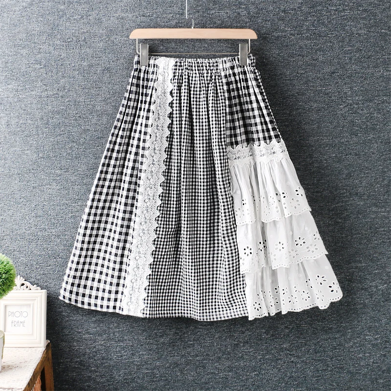 

Spring New Women'S Clothing Japanese Sweet Elastic Waist Plaid Stitching Cotton Linen Long Skirt Lace Loose Skirt