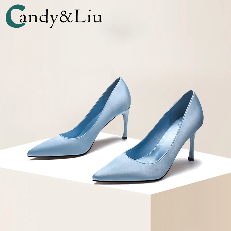 

Satin Shoes Women 9cm High Heel Higher Quality New Office Lady Spring 2021 Sky Blue Thin Heel Shallow Mouth Pointed Toe Pumps