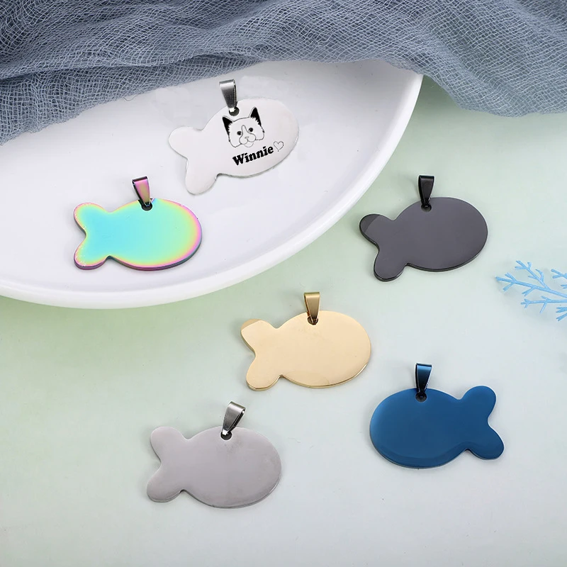 

Personalized Pet ID Tag Fish Shape Stainless Steel Custom Free Cat Collar Pet Charm Name Fish Necklace Pendant Accessory