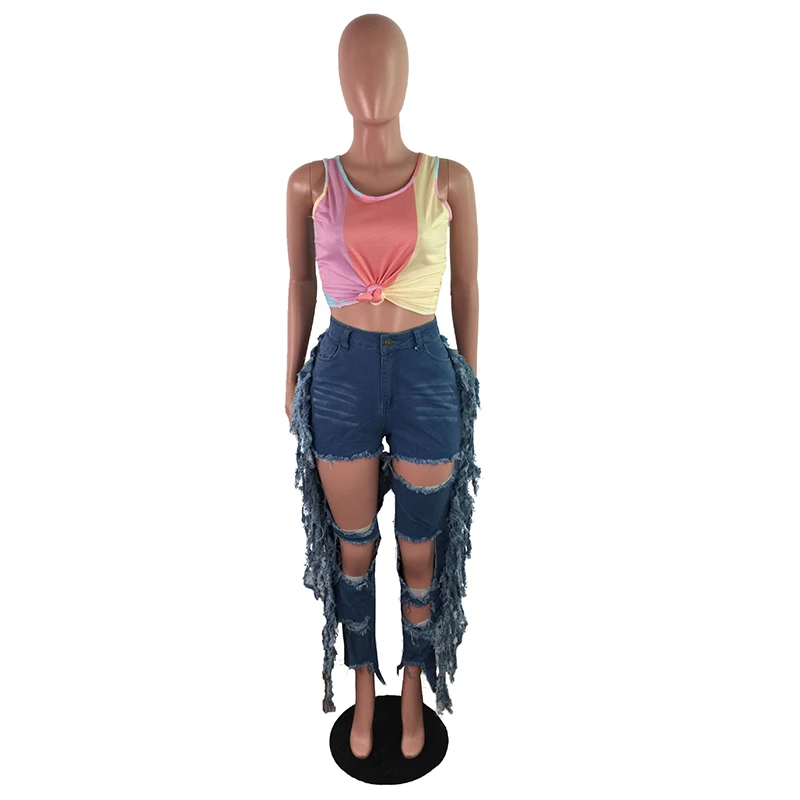 

Women Sexy Hollow Out Skinny Ripped Jeans Fashion Side Tassel Patchwork Mid Waist Distressed Jeans Mujer Pantalones Streetwear