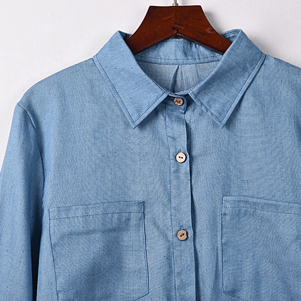 Блузка женская джинсовая с карманами Топ длинным рукавом отложным воротником