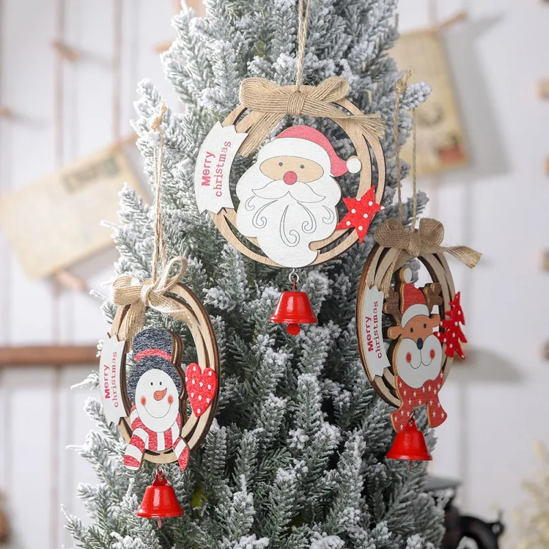

Tree Hanging With Bell Christmas Decoration Wooden Christmas Santa Pendant for Home Xmas Gift Ornaments Festive Supplies