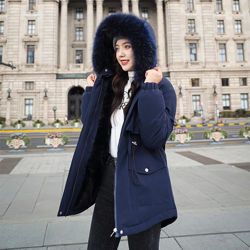 2021 Winter Clothes Women Plus Velvet Overcomes Thick Warm Coat Cotton Padded Parka With Hooded Big Fur Collar Korean Jacket