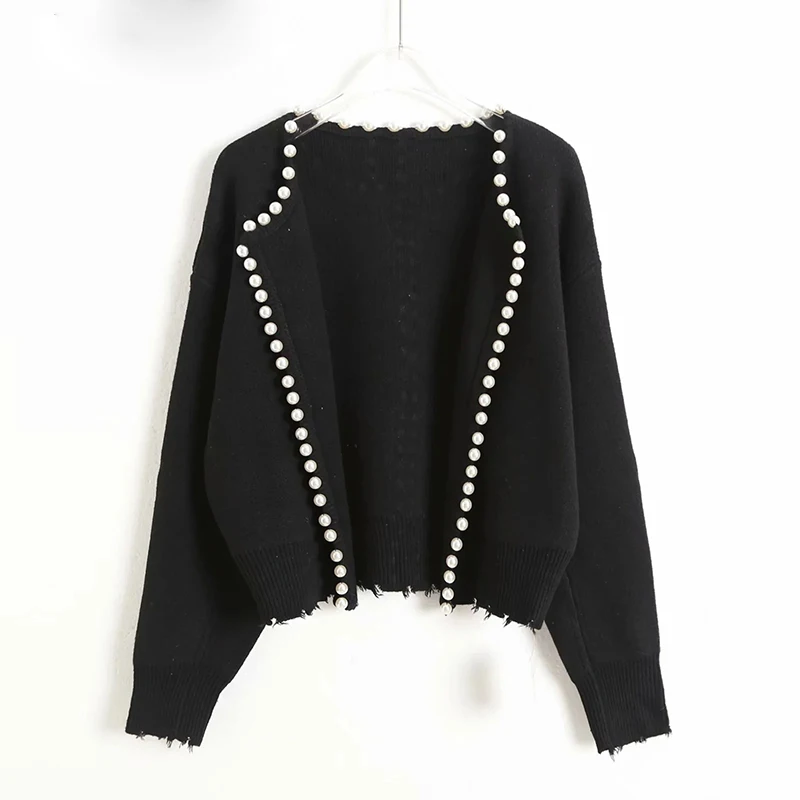 

Elegant Pearl Buttons Sweater Black White Cardigans Women Autumn Winter Korean Oversize Long Sleeve Fashion Lady Knitted Sweater
