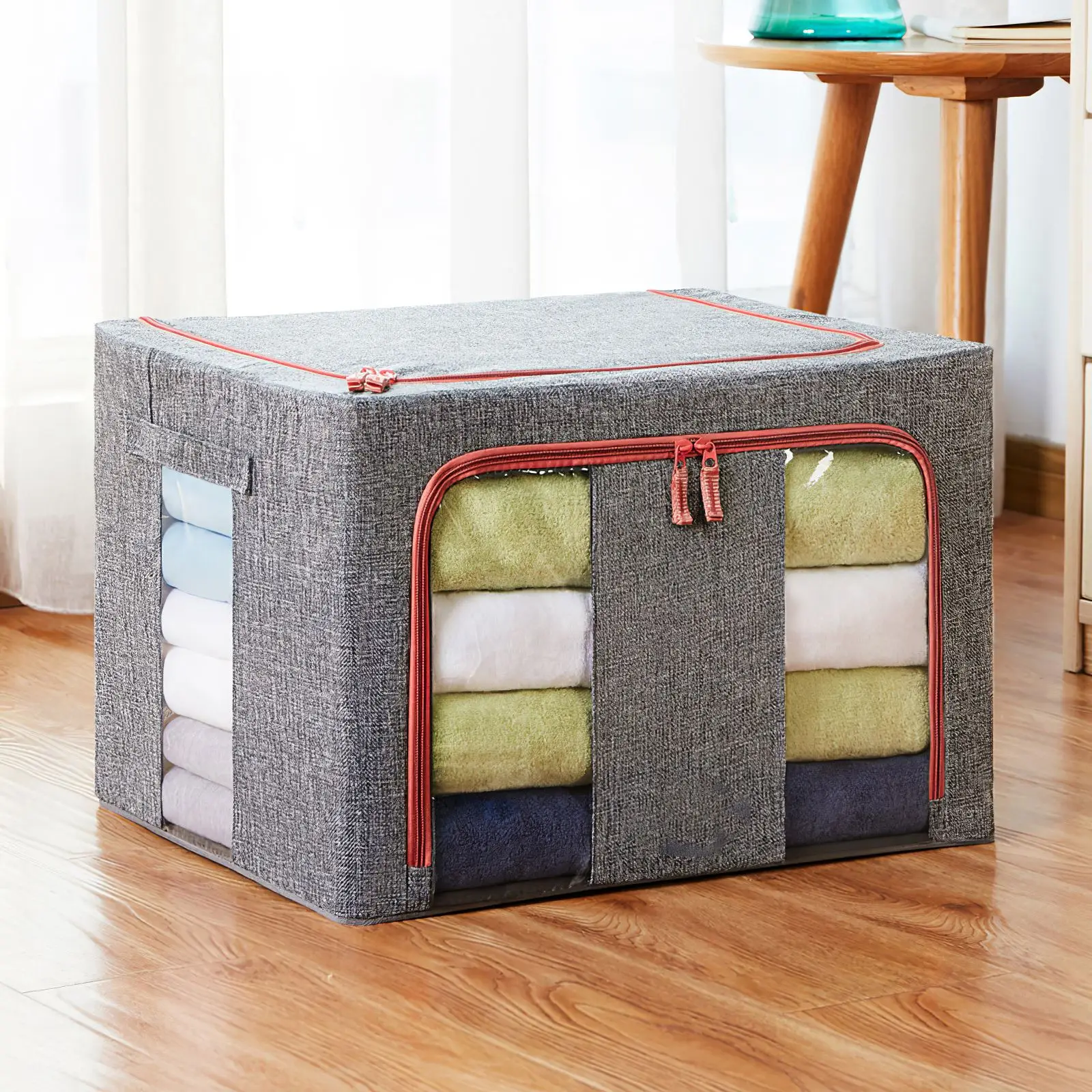 

66L Foldable Storage Box Coarse Steel Frame Clothes Quilt Organizer Household Cabinet Storage Organizer Transparent Window