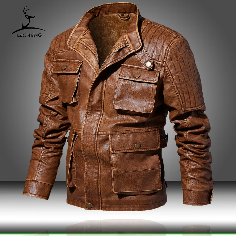 

Jackets Men Slim Fit Casual Outwear Bomber Jacket Mens PU Motorcycle Leather Jackets Man Multi Pocket Fur Coat Male Warm Clothes