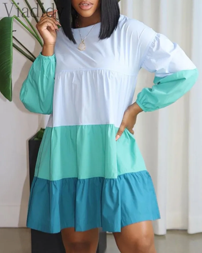 

Women Elegant Round Neck Long Sleeve Colorblock Oversize A-line Dress