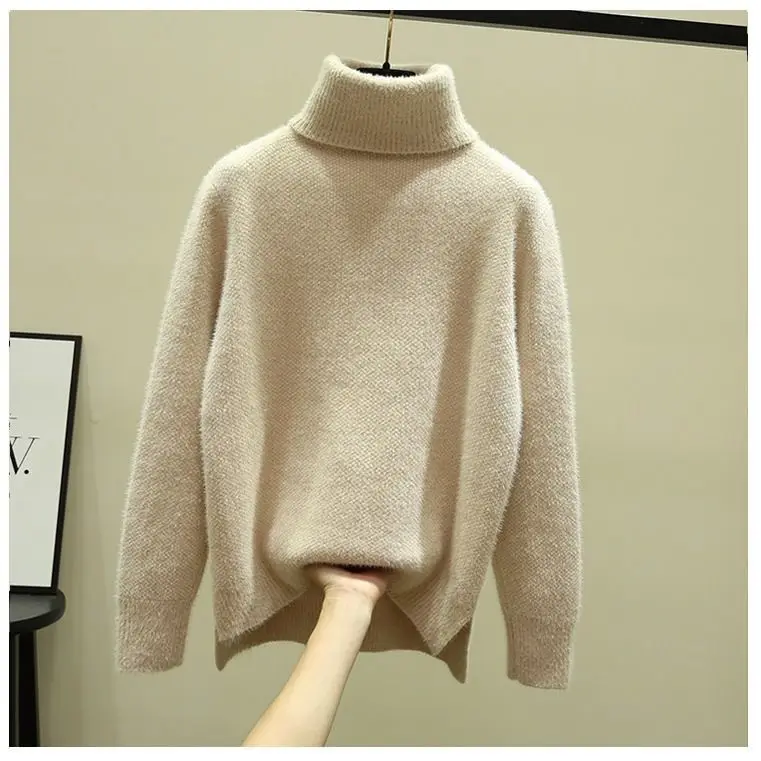 

Loose high neck solid color sweater women's Pullover Sweater