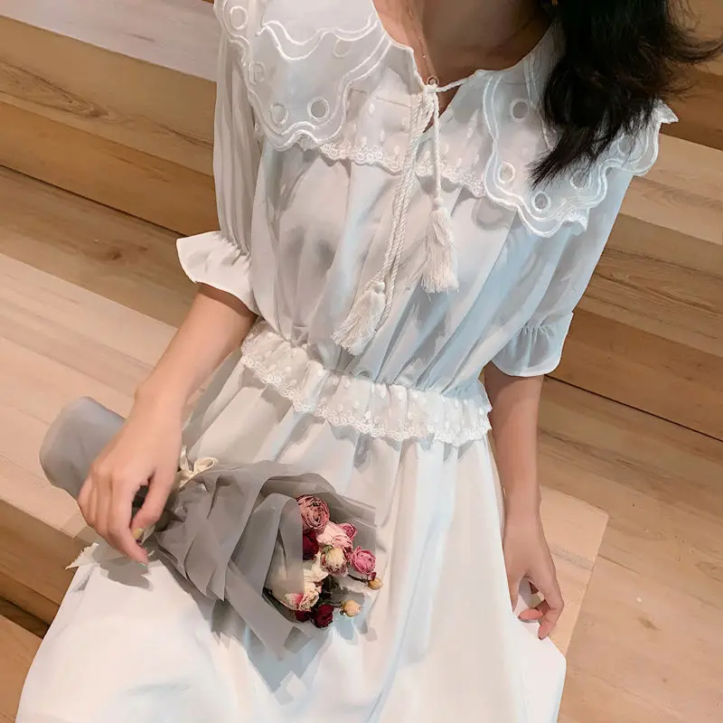 

Korean 2021 Autumn French Fairy White Dress Women Elegant Vintage Long Sleeve Party Dress Peter Pan Collar Bow One-Piece Dress