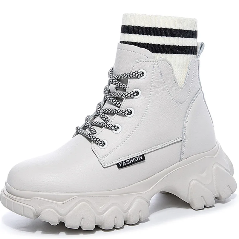 Женские кожаные ботинки RASMEUP зимние теплые эластичные носки на платформе