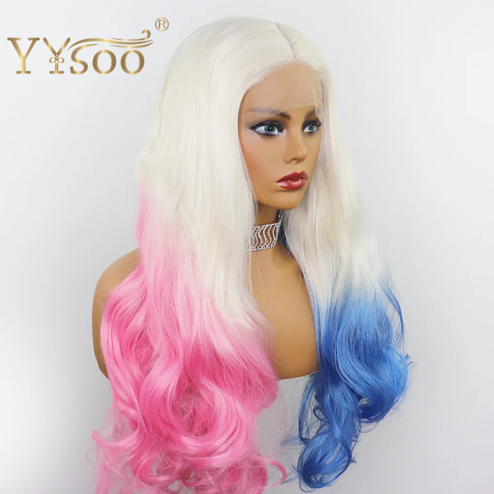 YYsoo Glueless кружевной передний синтетический парик смешанный синий и розовый белый