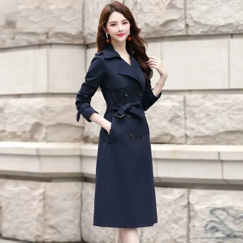 

Women Fashion Trench Coat Autumn Winter Turn-Down Collar Double Breasted Belt Long Windbreaker Office Lady Elegant Slim Overcoat