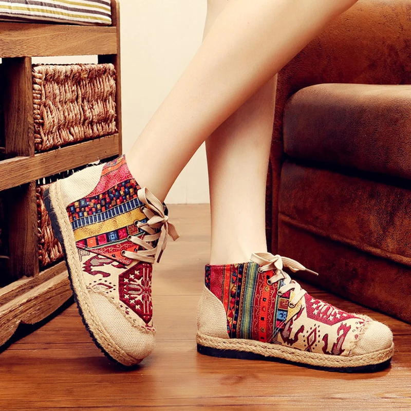 

Women's Linen Embroidered Cloth Shoes, Women's Flat High-Top Ankle Boots Retro Chinese Style Hanfu Embroidered Shoes