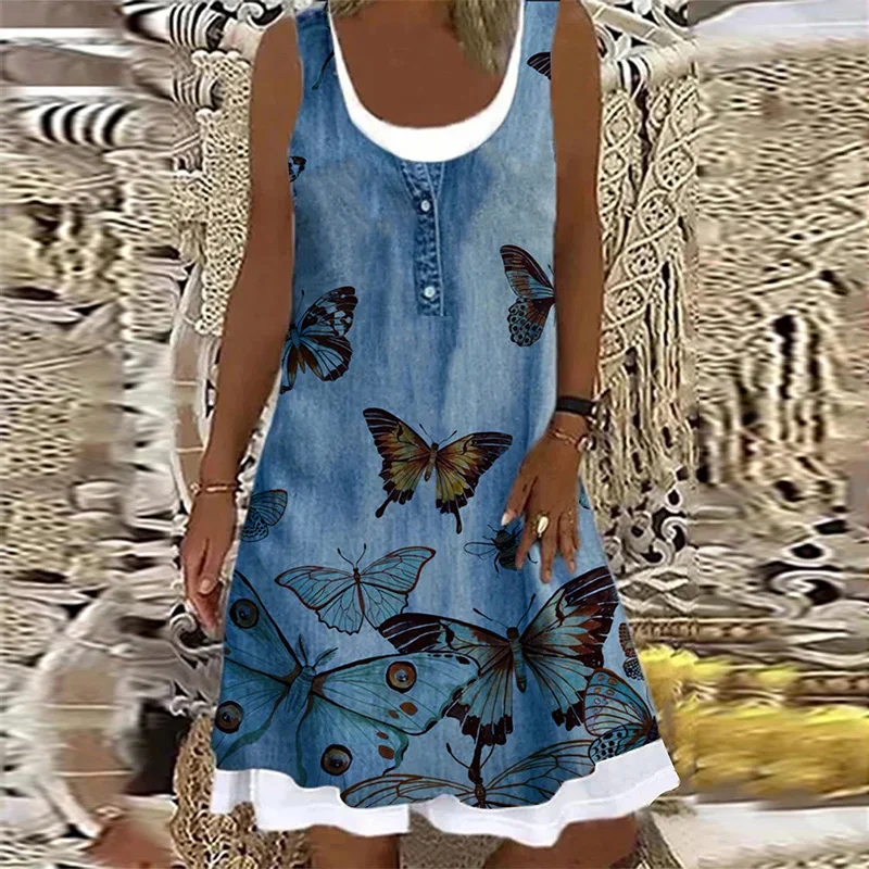 

Летние женские свободные размера плюс с модным цветочным узором бабочки цифровой печати Повседневное платье миди S-3XL