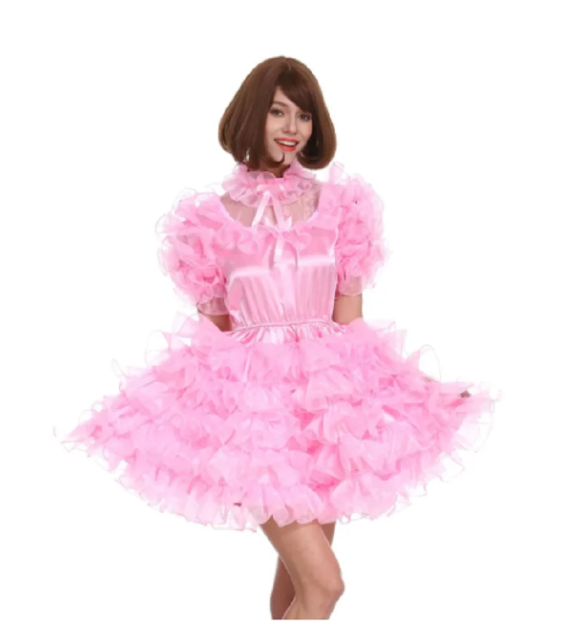 

Sissy Girl Maid Huge Puff Ball Sleeves Lockable Puffy Pink Dress Crossdress Cosplay Costume