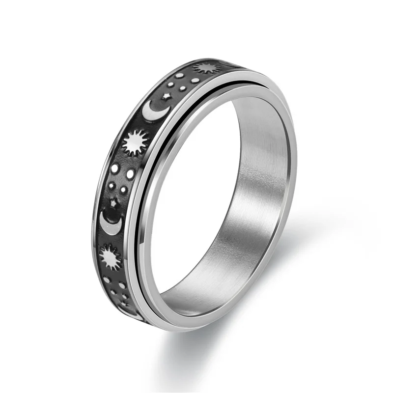 

Popular Titanium steel rotating ring male European and American star and moon small flower ring female couple ring Wholesale