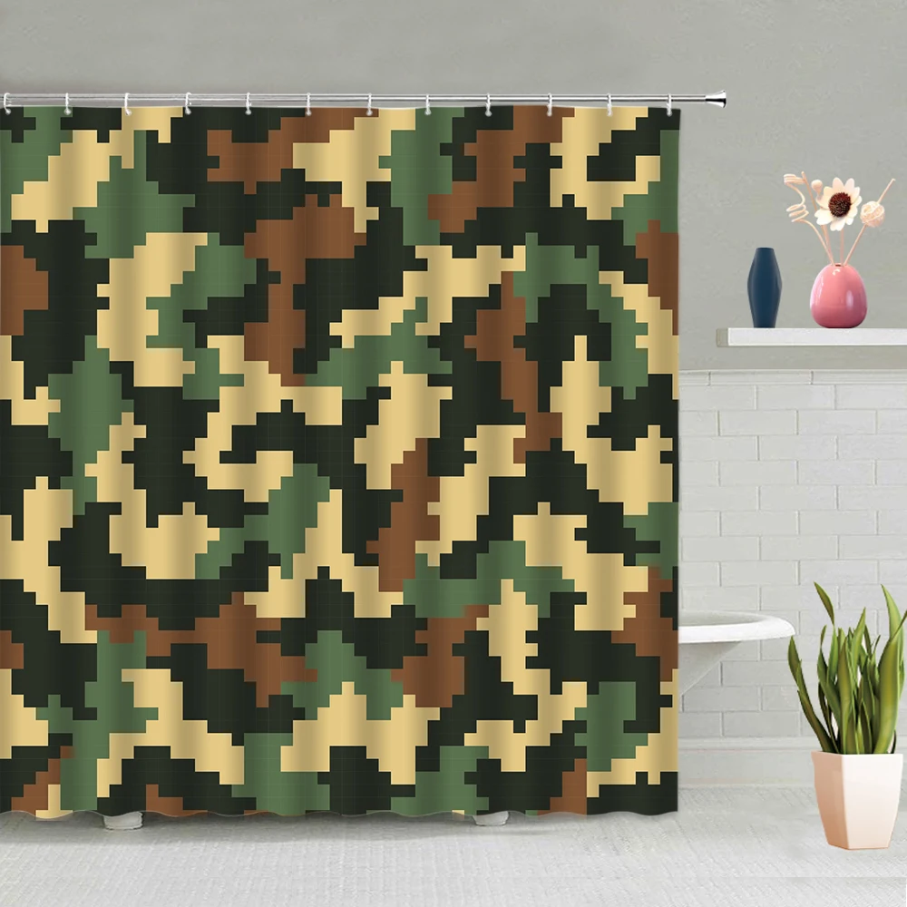 

Green Camo Pattern Shower Curtains Bathroom Bathtub Decoration Bath Curtain Waterproof Hanging With Hook Home Screen Washable