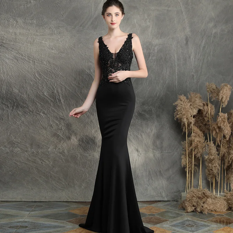 Черные вечерние платья макси без рукавов с вышивкой атласное длинное вечернее