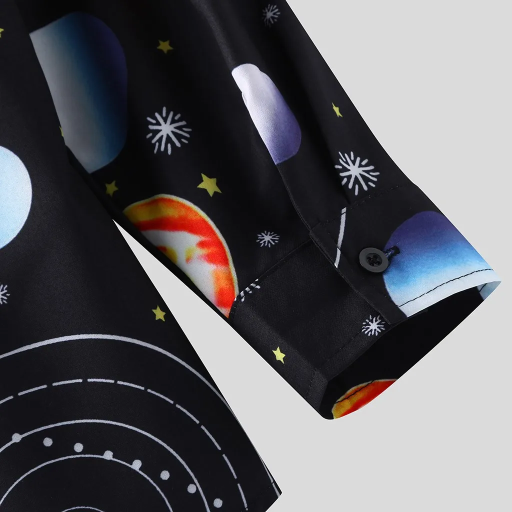 Мужская рубашка с отложным воротником и принтом Планеты длинными рукавами