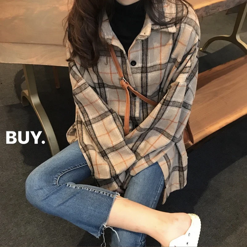 

CMAZ Shirts For Women 2021new Autumn Brushed Plaid Shirt Spring and Autumn