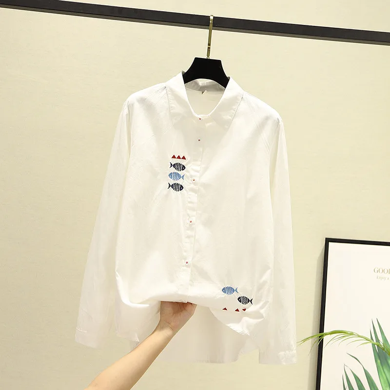 Women Blouses Shirts Tunic Womens Tops And Blouses 2020 Womenswear Long Sleeve Clothing Button Up Down White Embroidery Fish