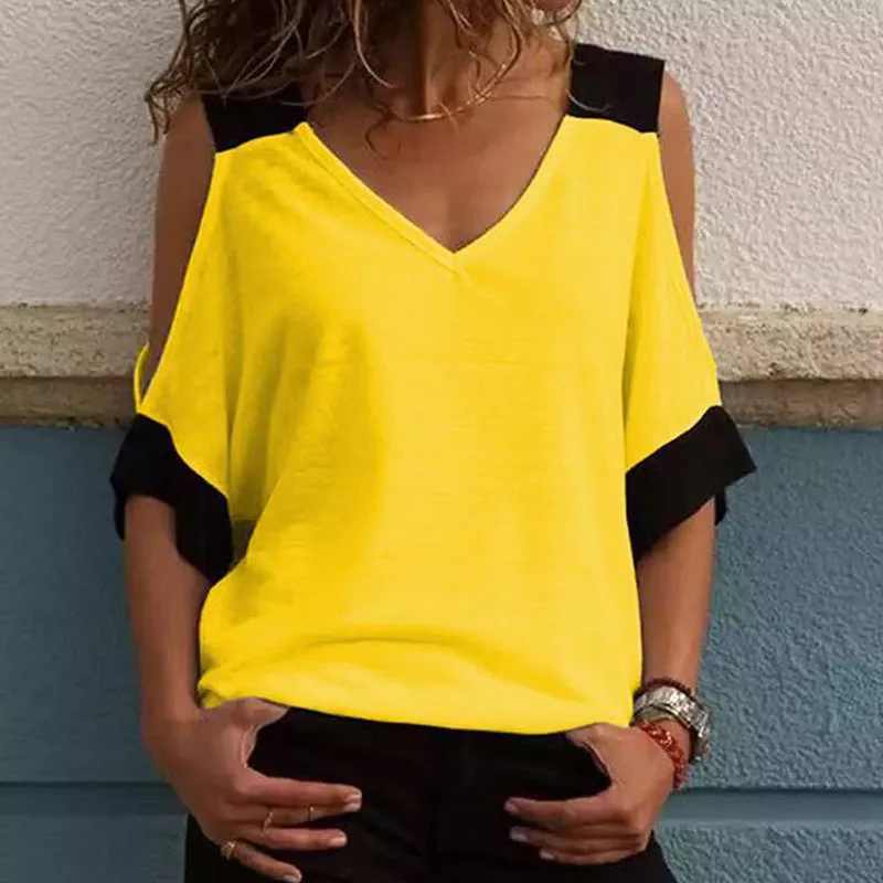 

Casual Women Short Sleeve Top Summer V Neck Off Shoulder T-Shirt Girls Patchwork Loose Tops Tees Streetwear Plus Size