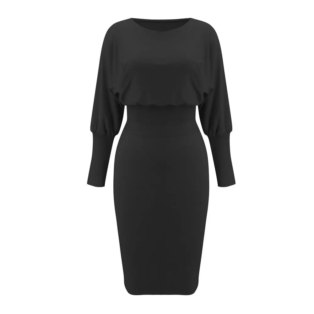 

Pencil Dress Women 2021 Autumn Winter Solid Color O-neck Long Sleeve Bodycon Office Womans Dresses Elegant Fashion Robe Femme