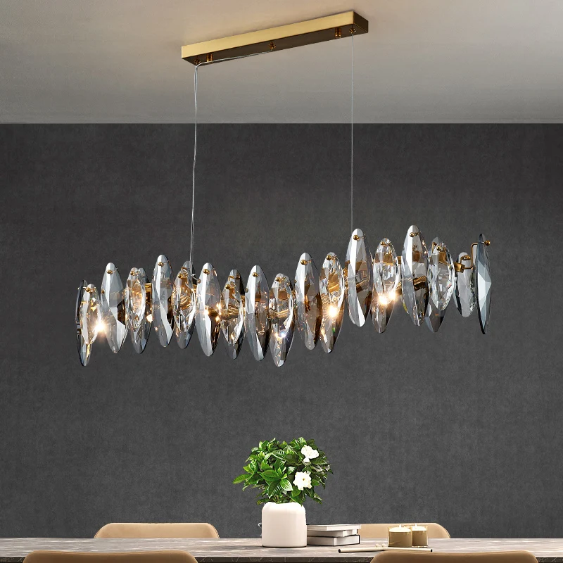Wave design modern crystal light chandelier for dining room luxury smoky gray cristal lamps brief kitchen island hang lamps