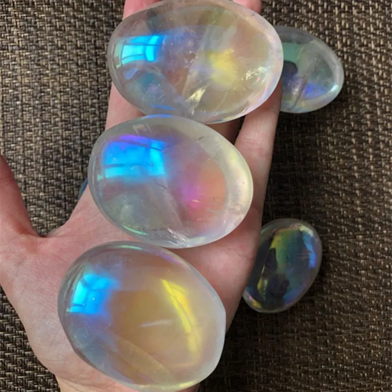 

1pc Natural Rainbow Angel Aura Clear Quartz Crystals Healing Palm Stone For Sale