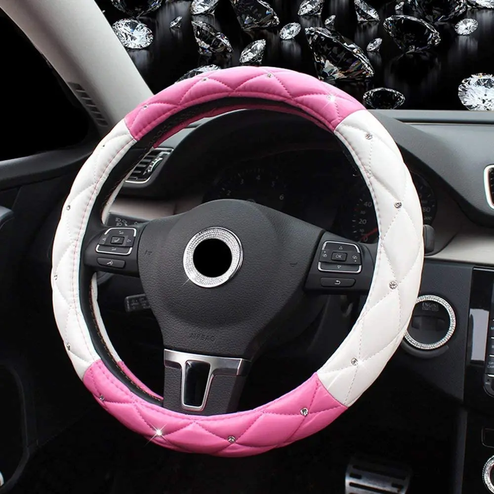 

Car Steering Wheel Cover, 38CM/15 Universal PU Leather DAD Cystal Diamond Steering Wheel Cover Four Seasons Steering Cover for
