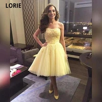 lorie 2021 lace appliques beading short homecoming dresses yellow sleeveless sweetheart tulle cocktail dress formal prom gowns