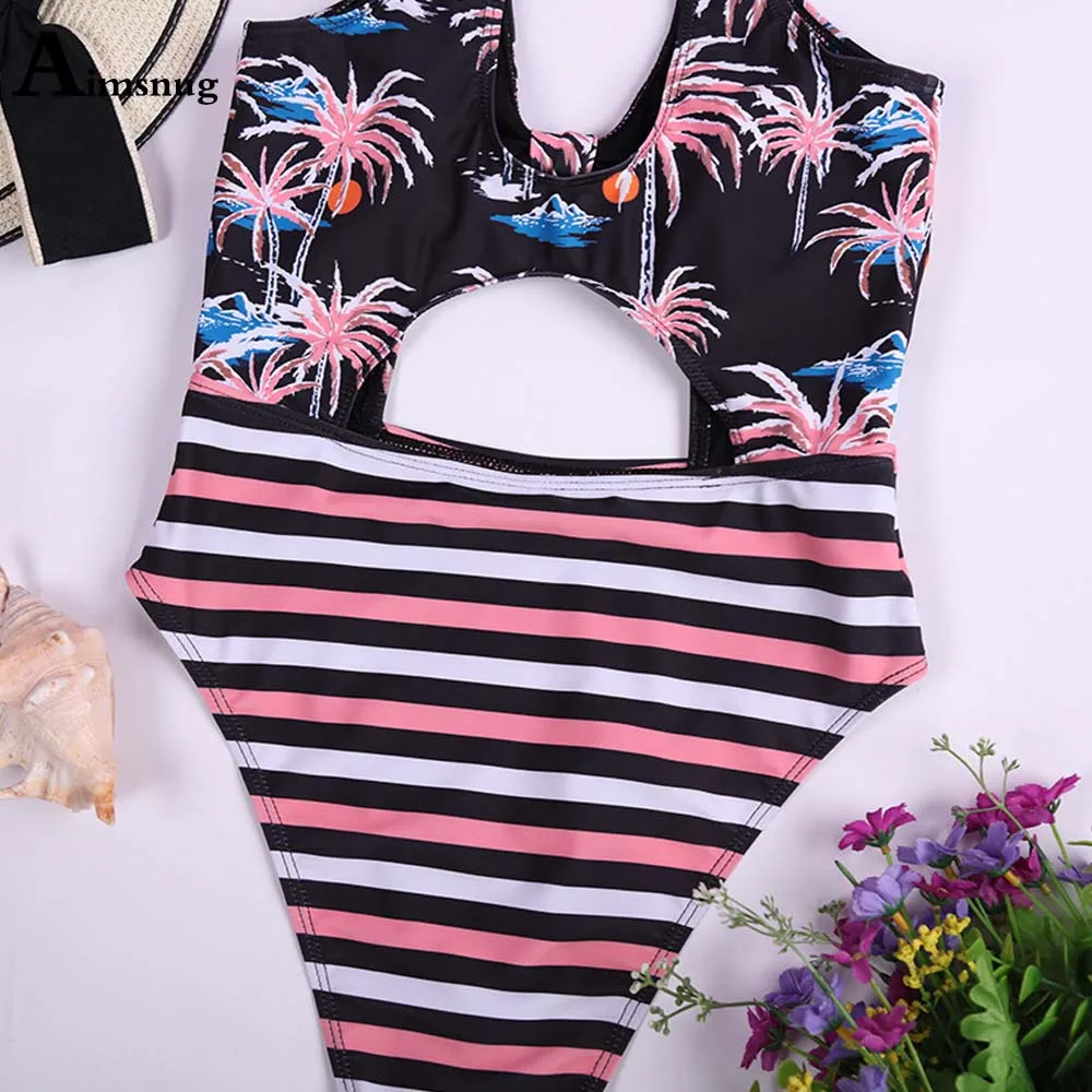 

2021 Women Fashion Bow Tie Swimwear Sexy One Piece Swimsuit Patchwork Stripes Flower Print Bathing Suit Female Onesie Beachwear
