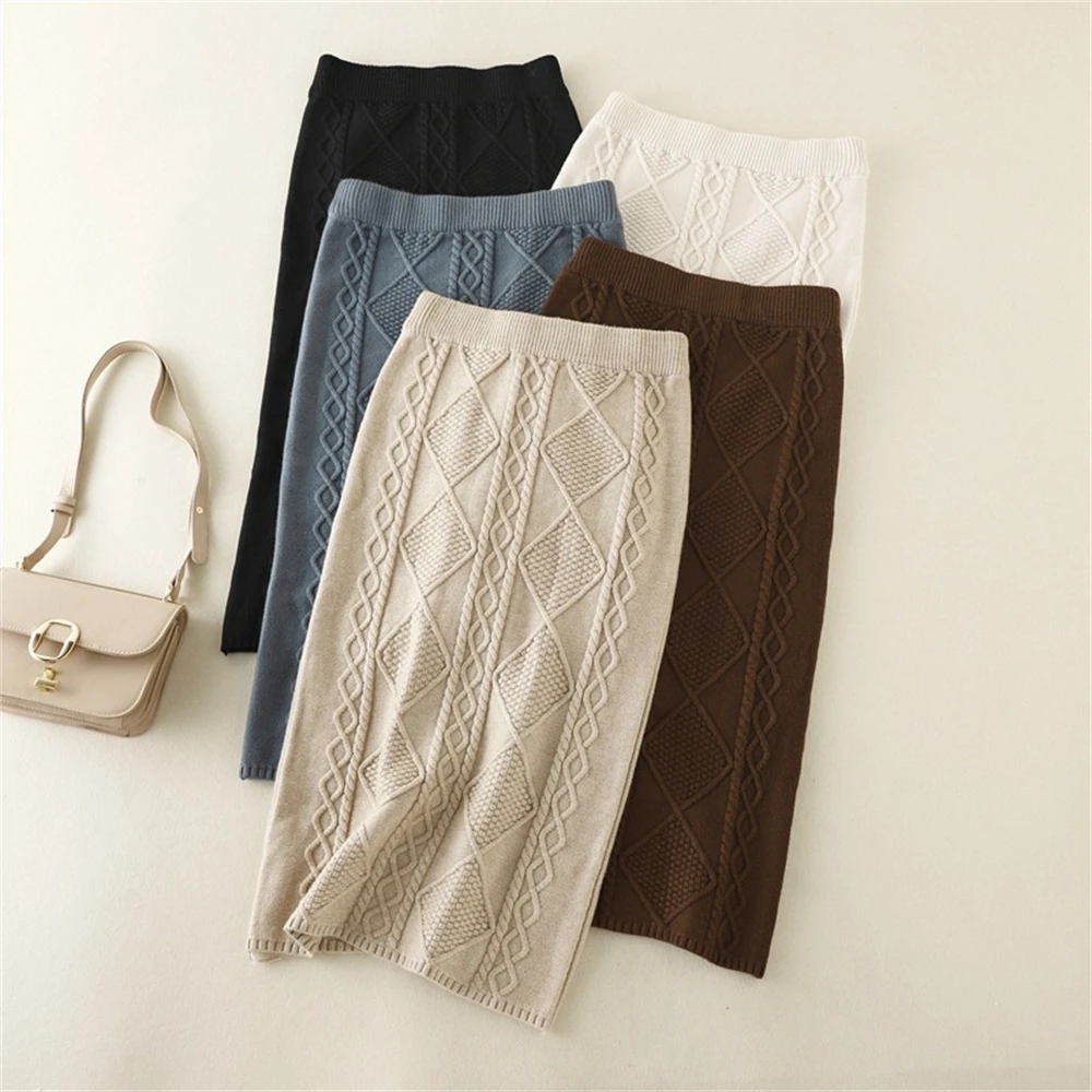 

Autumn Winter Thickening Women's Knitting Skirt Hemp Flowers Medium And Long Knitted Straight Cylinder Half Body Skirts
