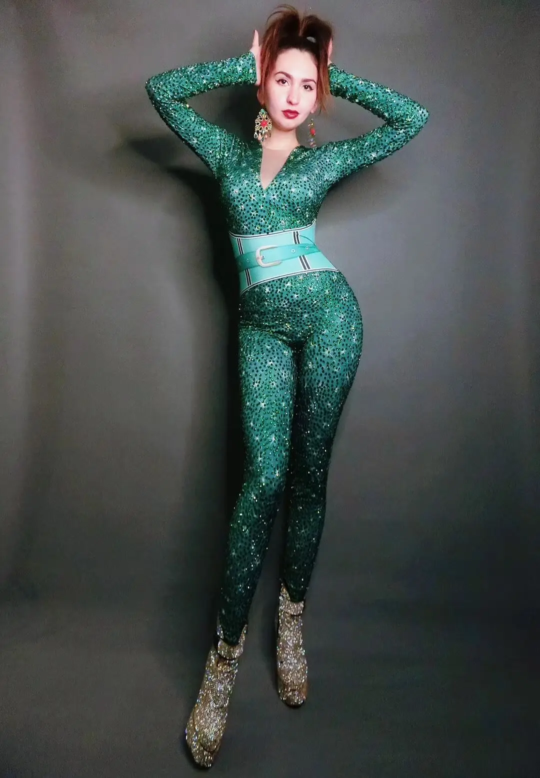 Female Singer Bar Nightclub Concert Costume Green Rhinestones Tight-fitting Jumpsuit Evening Performance Birthday Party | Женская одежда