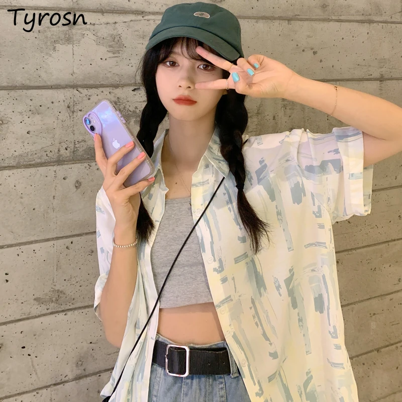 

Рубашки женские летние тонкие повседневные с коротким рукавом Уличная одежда с принтом милые шикарные блузки для девушек универсальные корейские Солнцезащитные