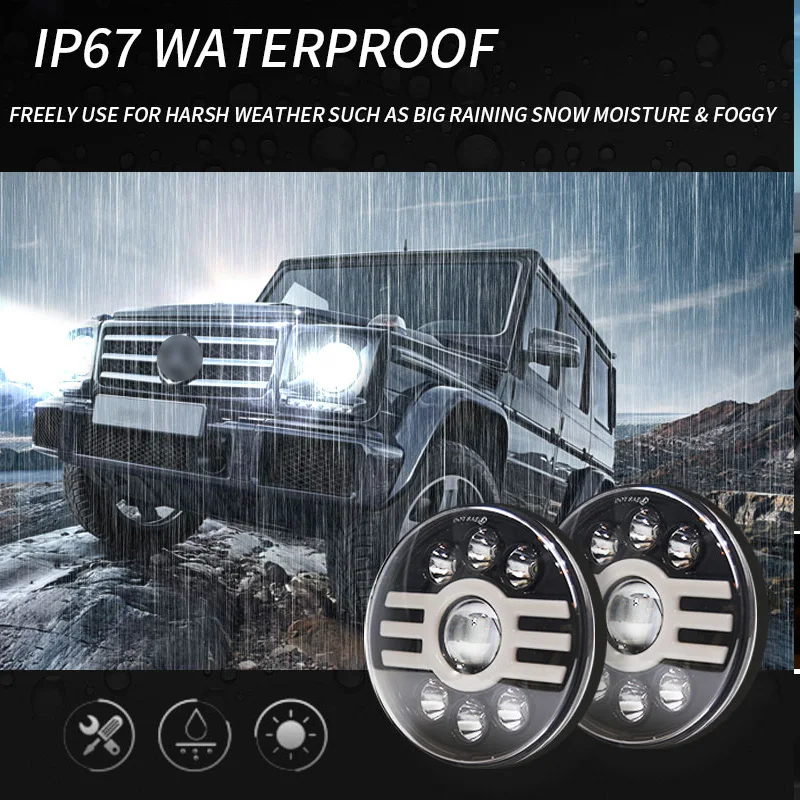 

500W 7 Inch IP67 Headlight LED Round Headlight with Hi/Lo Beam DRL Amber Turn Signal Daytime Running Light for Jeep Land Rover