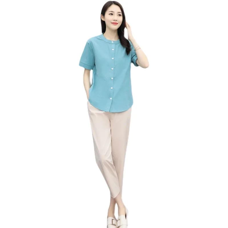 

2021 Summer Women 2Pcs Solid Button Blouse+Pants Office Lady Two Pieces Set Casual Loose Fashion Tops And Trousers Sets