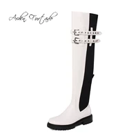 Arden Furtado 2021 autumn Winter Fashion Women's Shoes Round toe Mixed Colo Genuine leather Chunky Belt buckle Thigh high boots