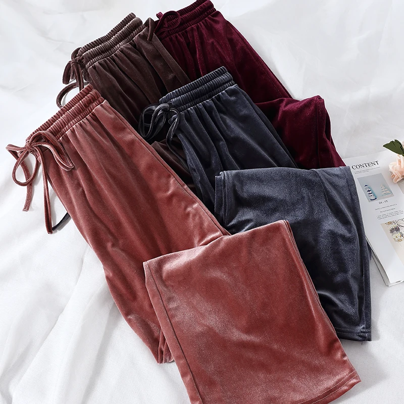 

2020 Pleuche Autumn Winter Trousers Gold Velvet Floor Length Pants Women Casual High Waist Pants Bell Bottom Wide Leg Pants