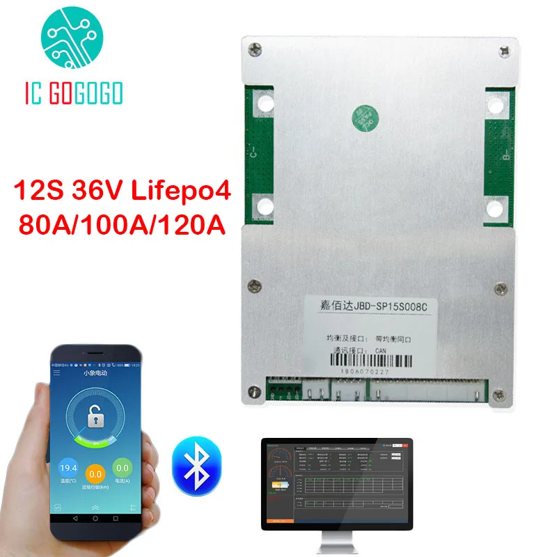 12S 36V Smart BMS Lifepo4 3 2 V Защитная плата для литиевой батареи ПК телефона Bluetooth APP 80A 100A 120A